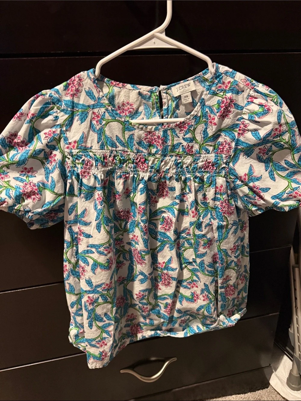 J. Crew White Floral Smocked Puff-Sleeve Top with Blue & Pink Leaves